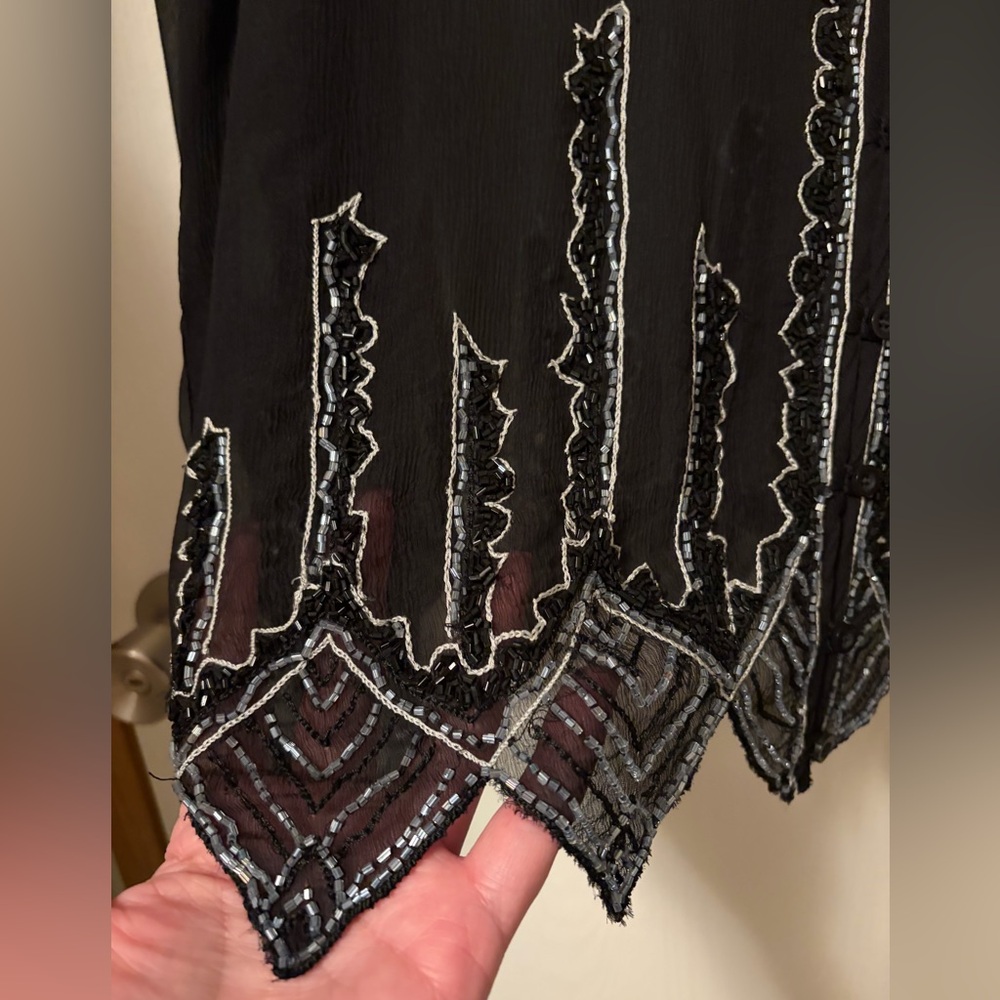 NWT For Joseph 100% Silk Black Sheer Hand-beaded Blouse Scalloped Hem Large - Picture 3 of 16